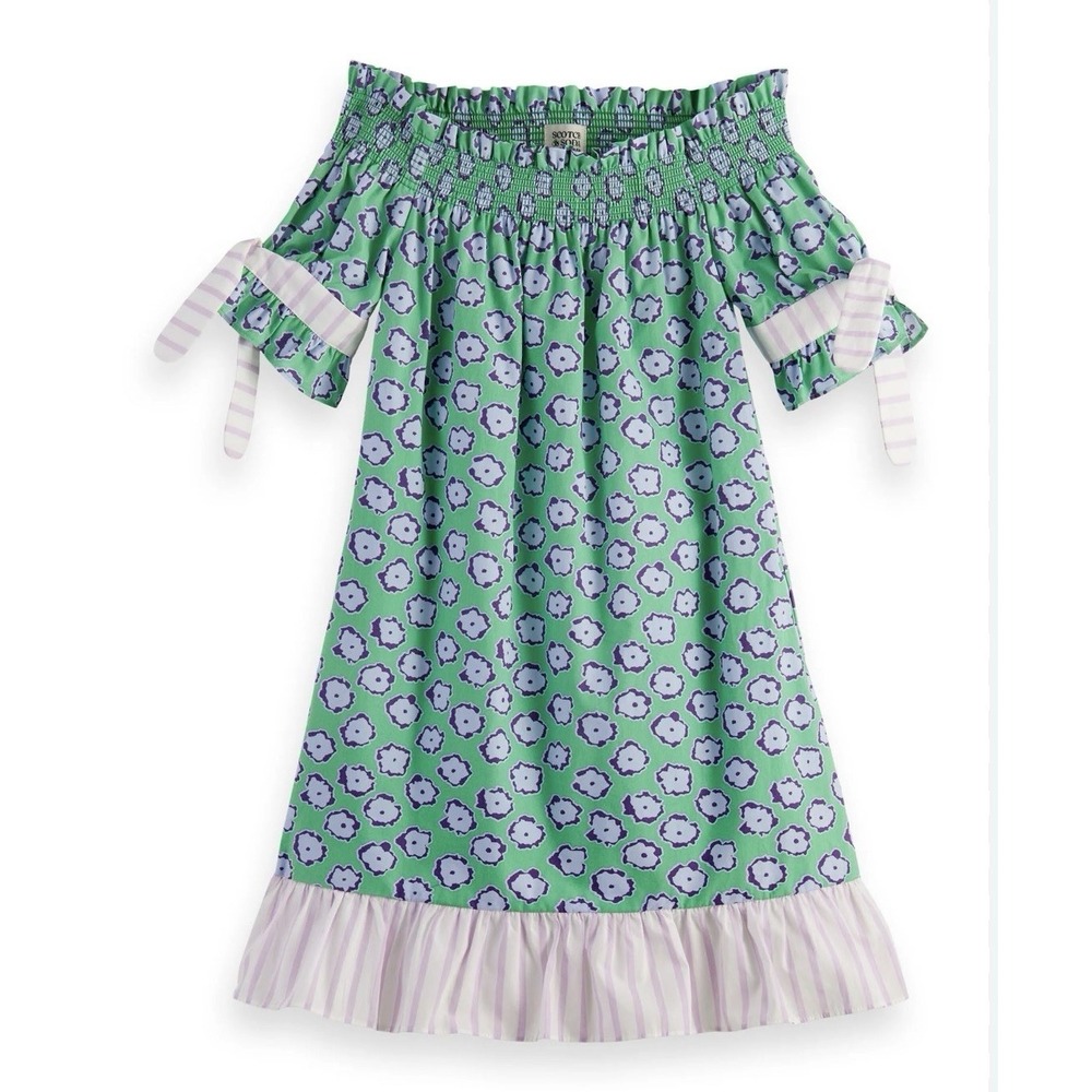 Scotch & Soda All Over Printed Off Cotton Shoulder Dress Green Sz 8 A005931
